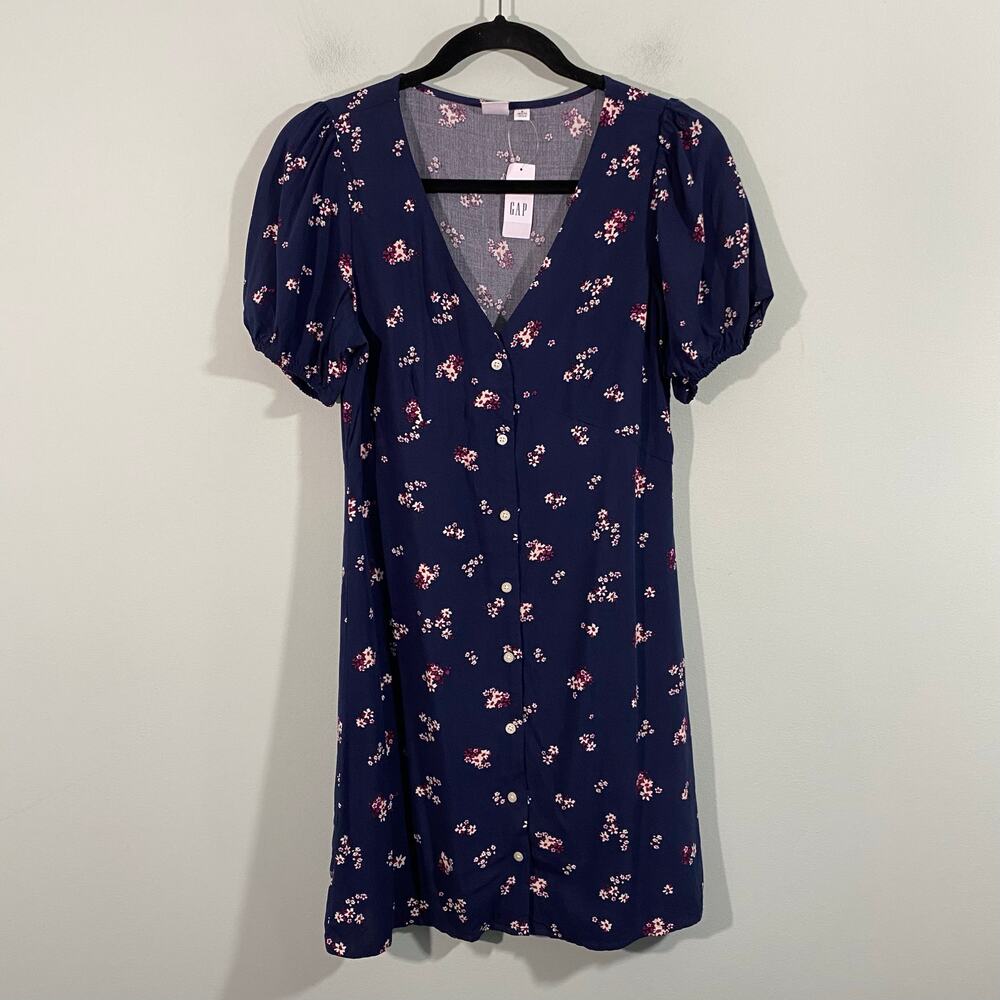 GAP Women Navy Floral V-neck Button Up Puff Sleeves Dress Size PS NWT
